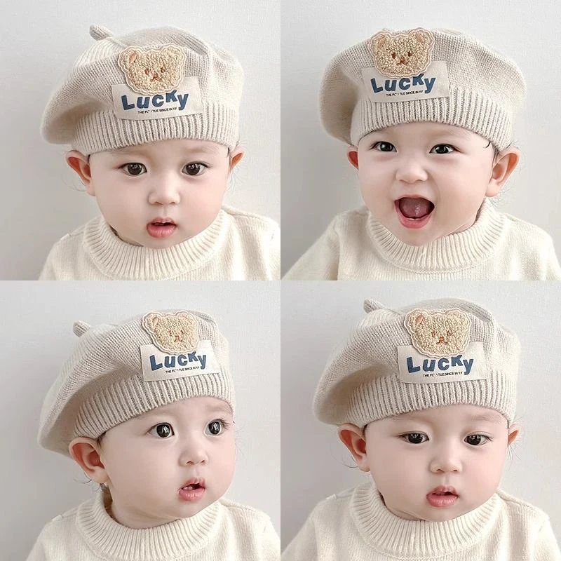 婴儿帽子秋冬季针织帽婴幼儿毛线帽儿童画家帽春秋款女宝宝贝雷帽