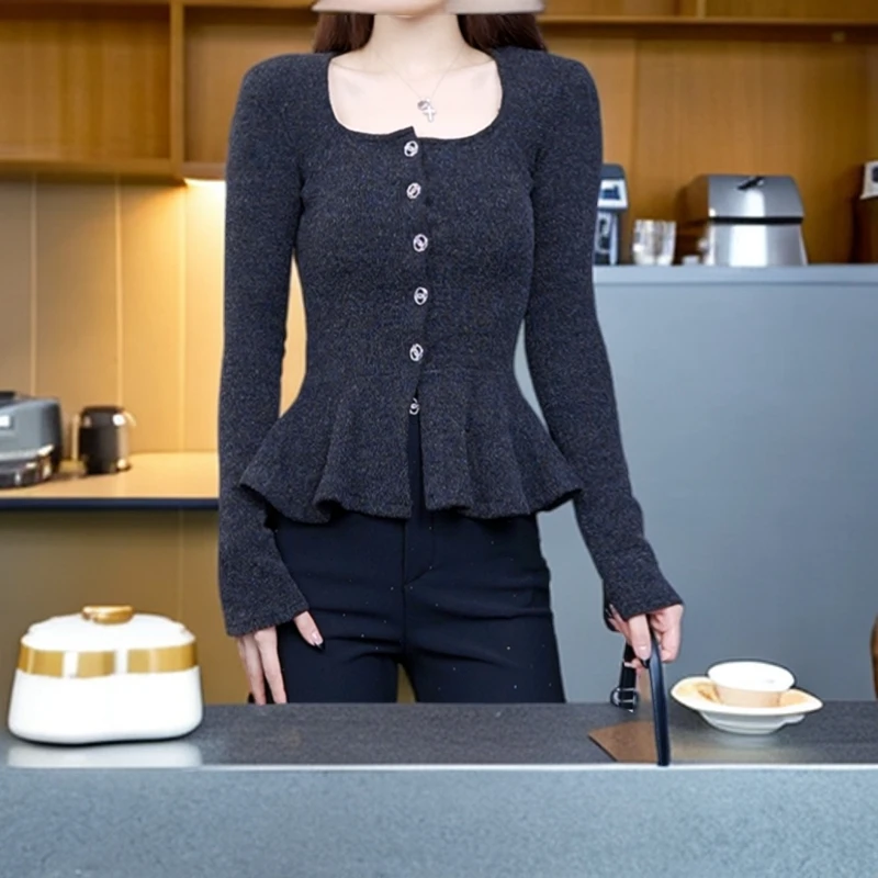 纯欲风荷叶边单排扣长袖T恤女秋季新款修身显瘦高级感上衣