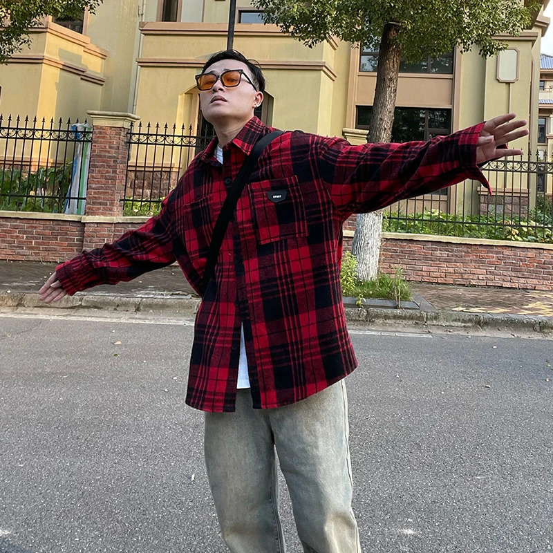 GTG 红色格子长袖衬衫男女秋季痞帅美式复古宽松慵懒风情侣装外套