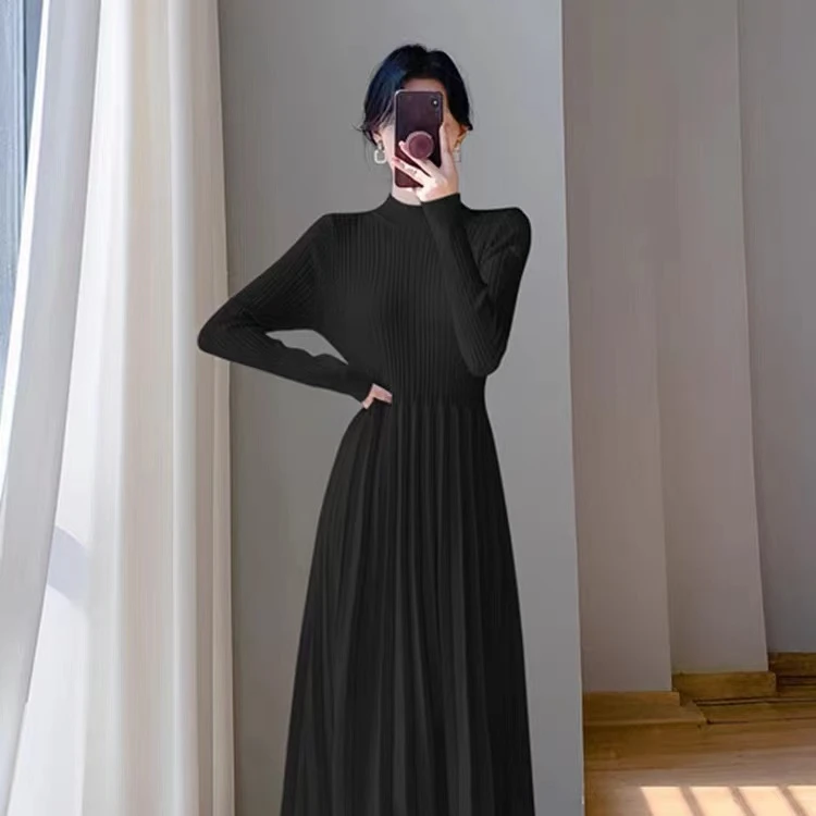 【极简小黑】早秋高端设计感通勤修身显瘦纯黑连衣裙长袖针织0884