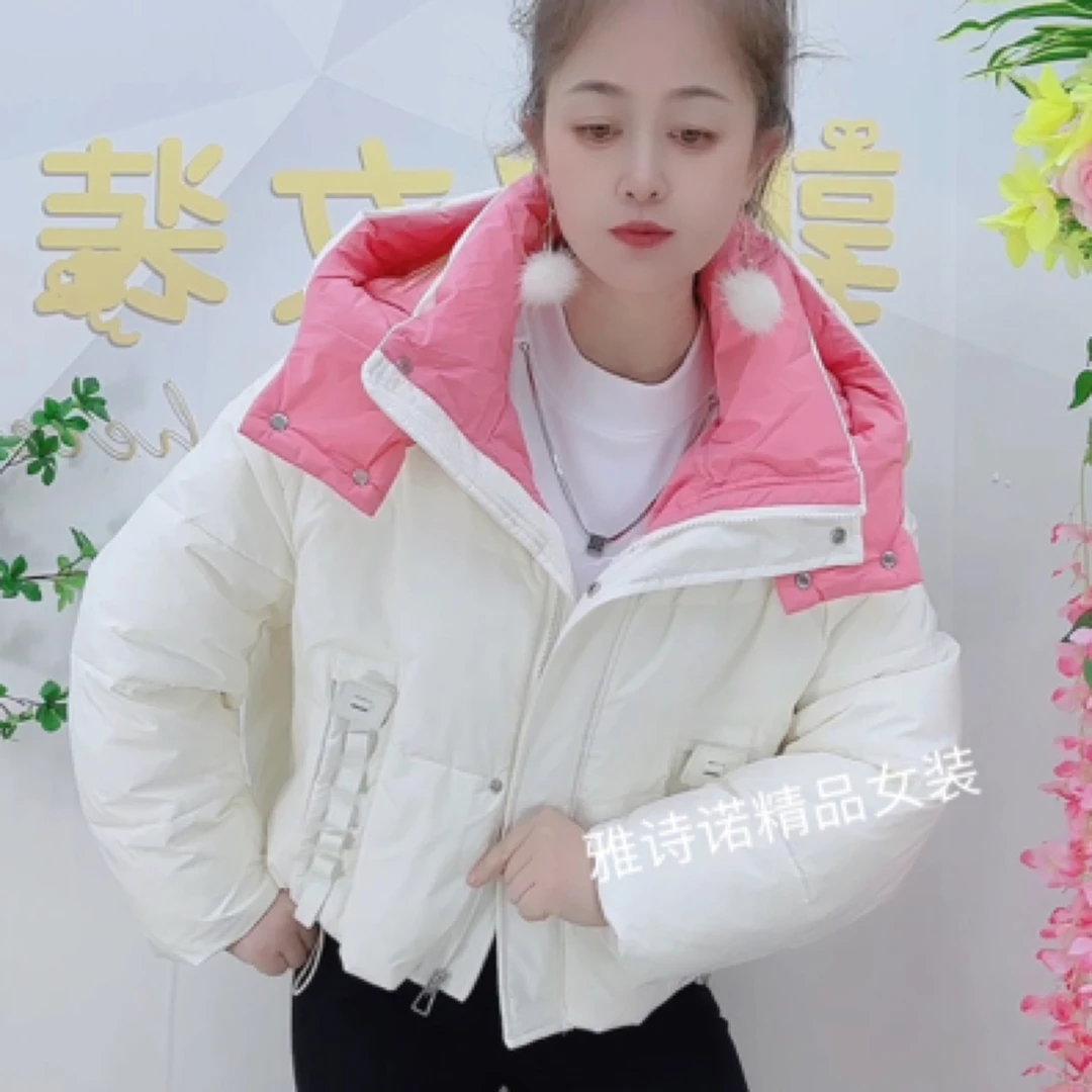 欧货连帽冬季新款撞色棉服2024小个子面包时尚短款加厚棉衣外套