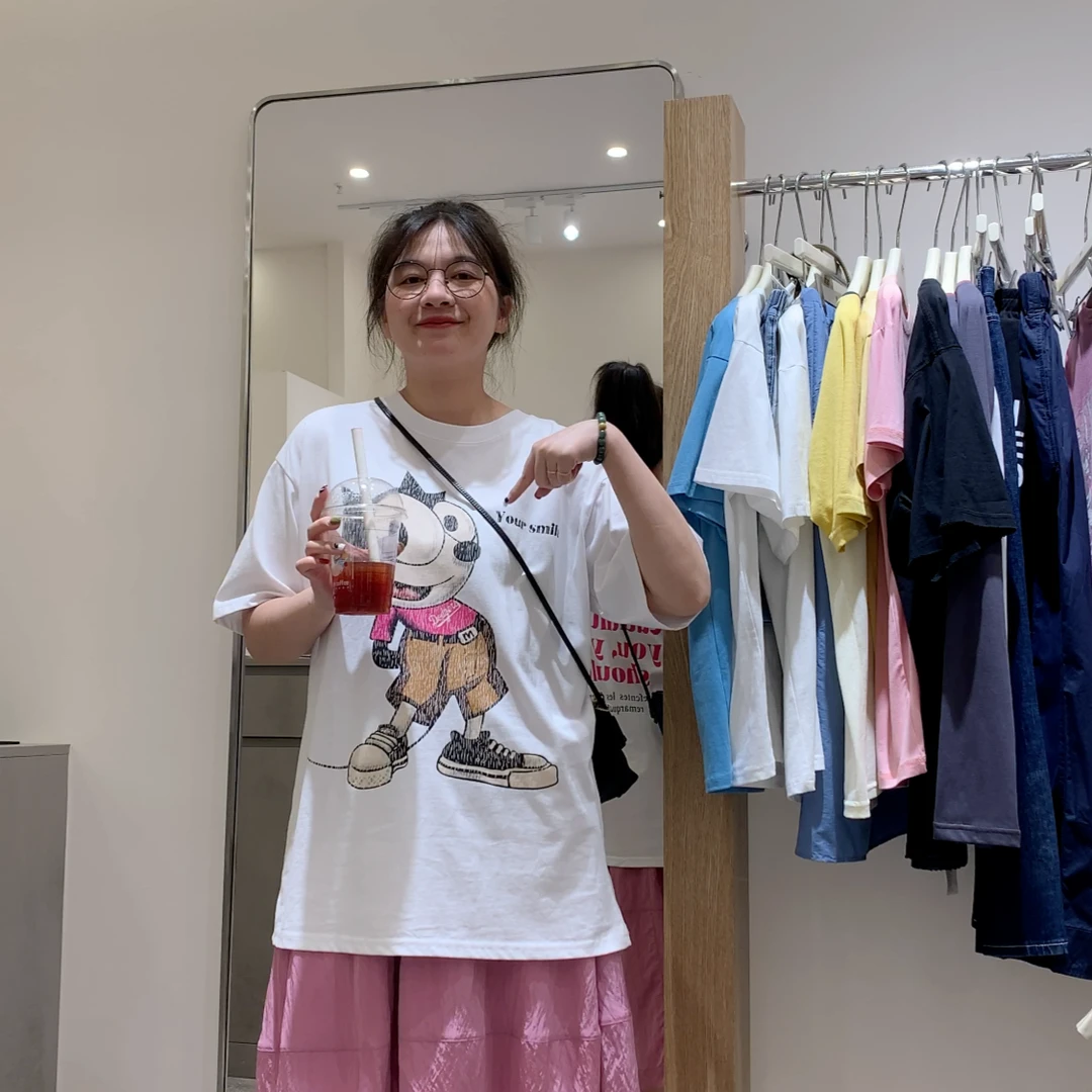 前卡通后背粉色字母大宽T恤