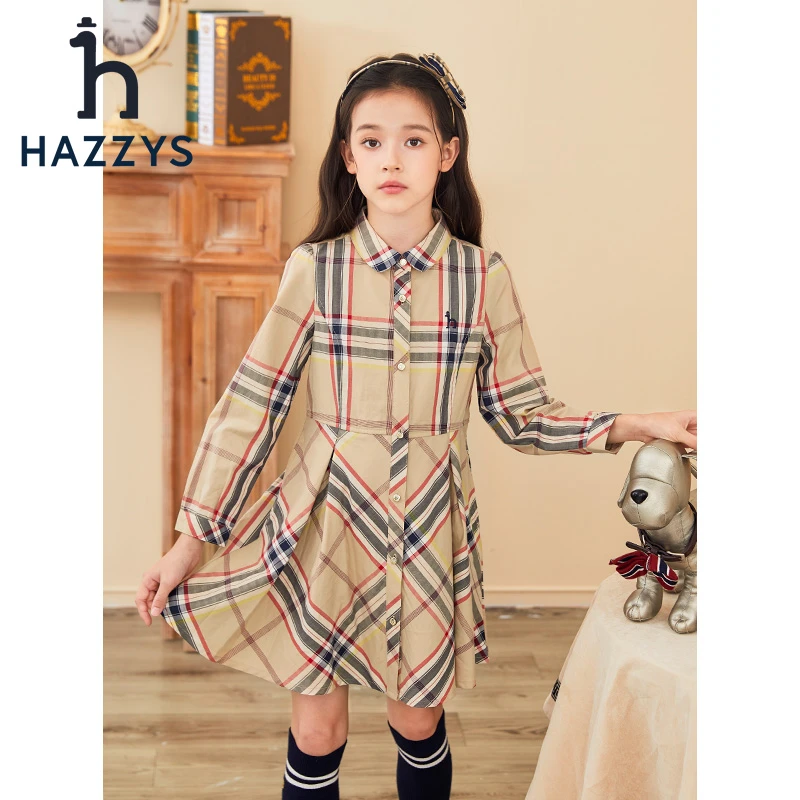 Hazzys/哈吉斯品牌童装女童长袖连衣裙英伦风格子学院春秋中大童