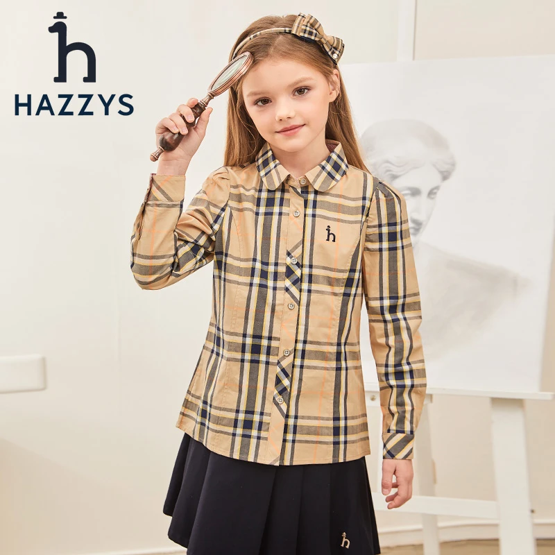Hazzys/哈吉斯品牌童装女童衬衫长袖格子春季时尚经典格纹中大童