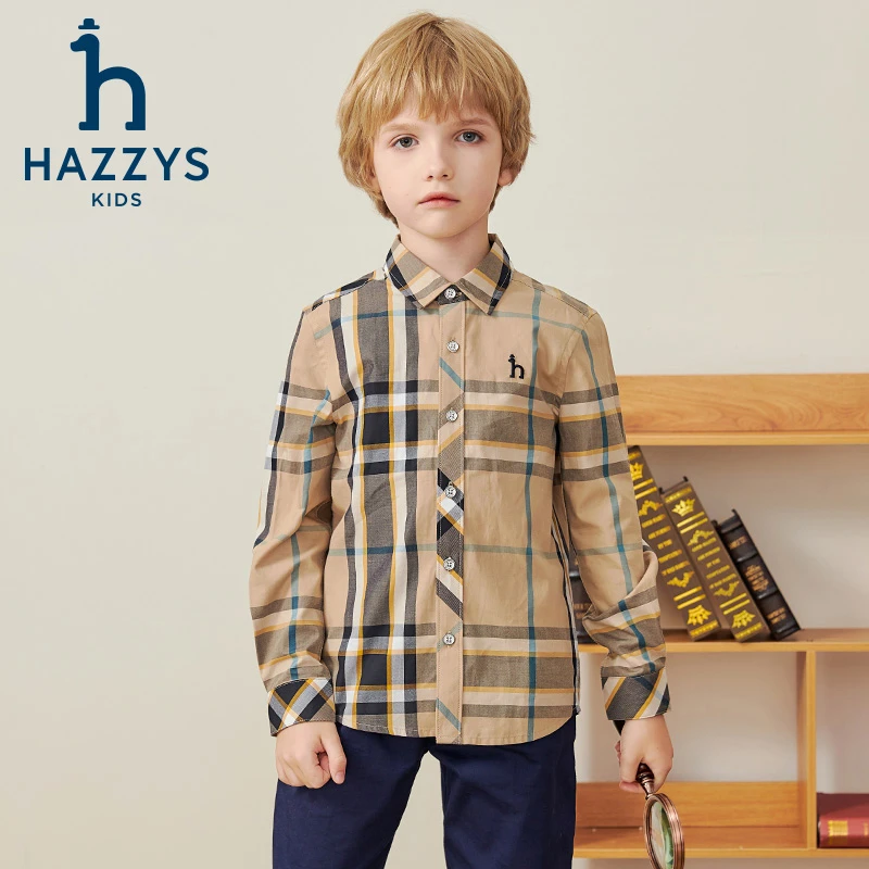 Hazzys/哈吉斯品牌童装男童衬衫长袖休闲格子翻领时尚格纹中大童