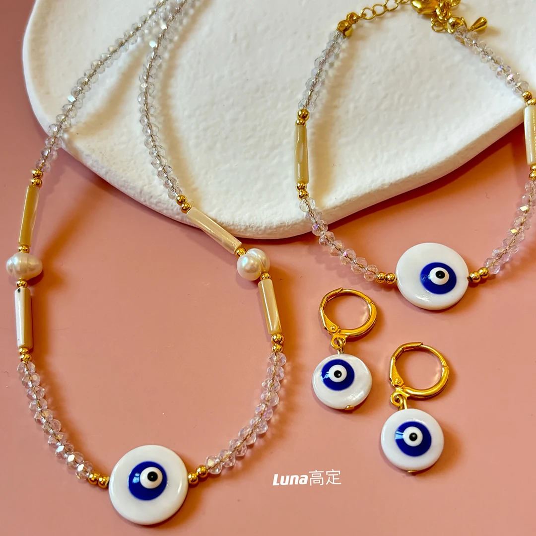 钛钢仿水晶项链 Luna手工定制水晶系冰透蓝眼睛三件套