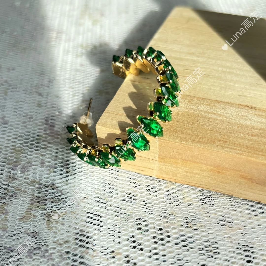 铜合金合成锆石耳饰 铜合金合成锆石大C圈绿色耳环