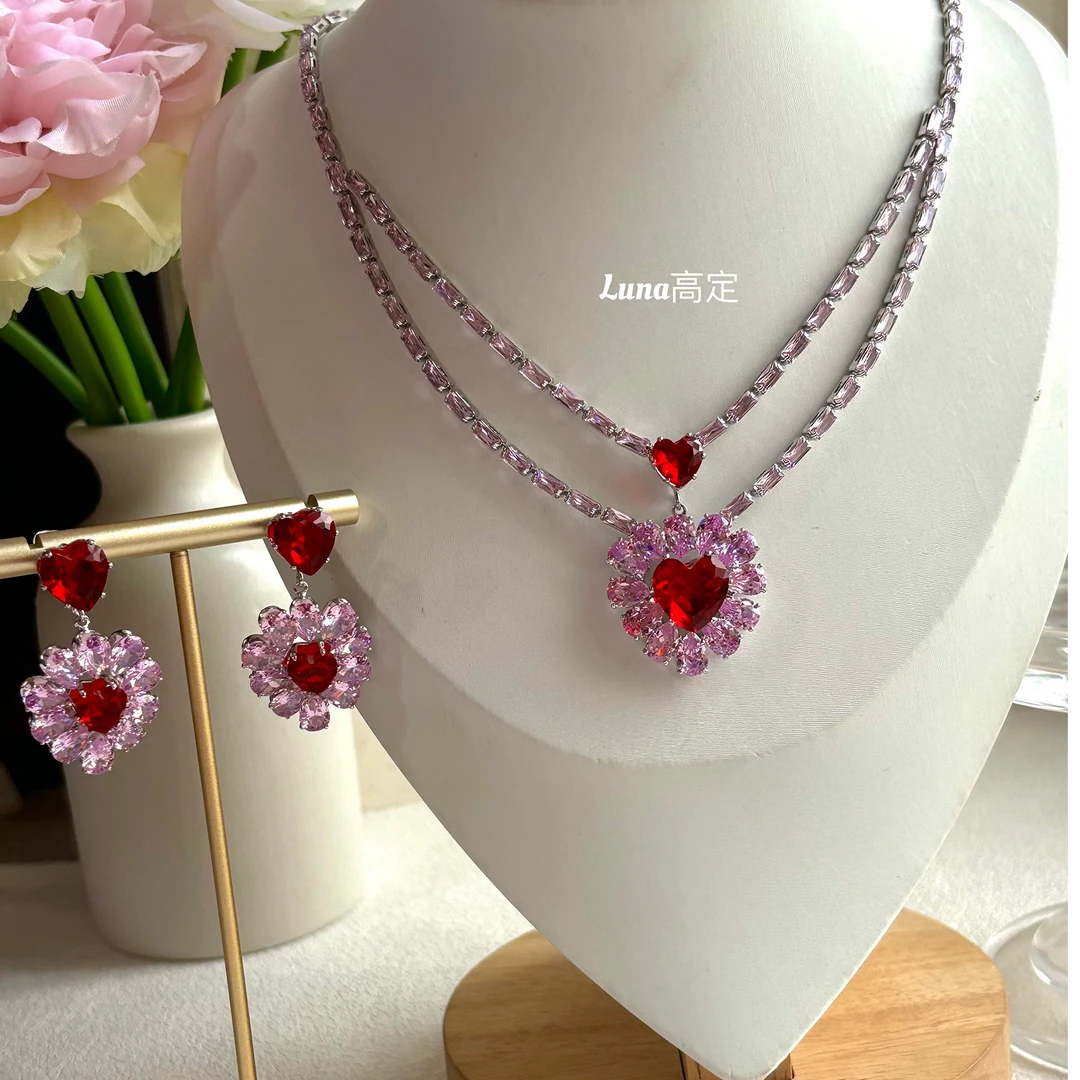 铜合金合成锆石项链 Luna定制085蜜桃粉心时尚气质两件套