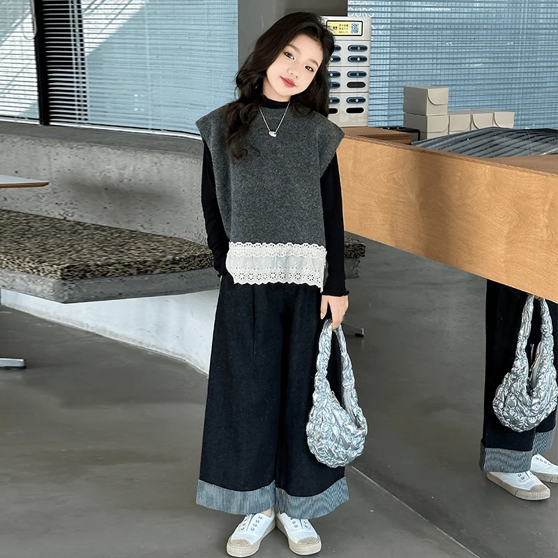 女童春秋装时髦套装毛衣三件套中大童2025新款网红牛仔洋气阔腿裤