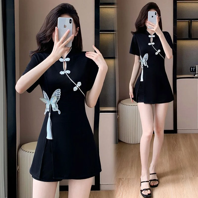 时尚爆款套装胖MM夏季遮肉显瘦新中式蝴蝶刺绣上衣大码短裤两件套