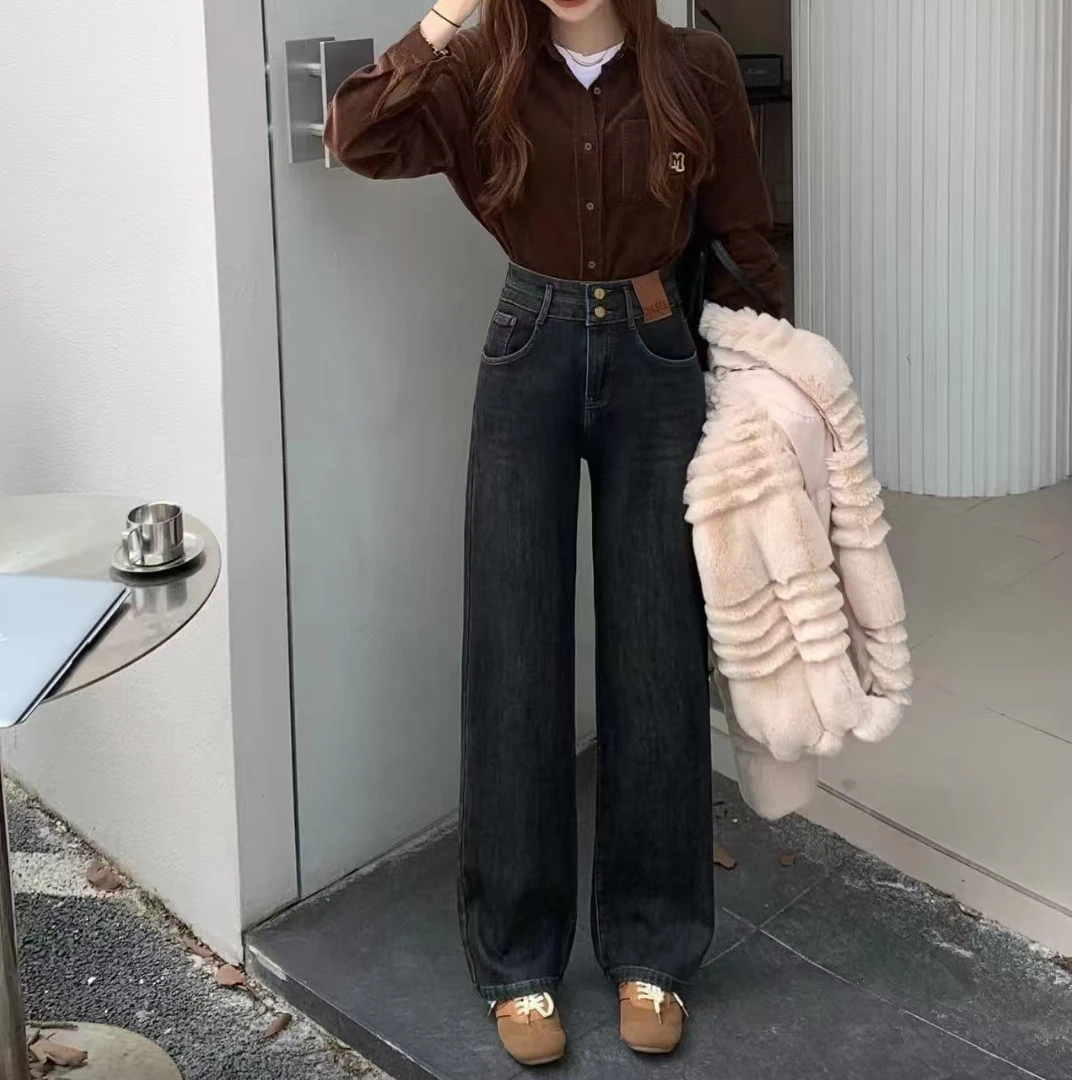 娟儿家2024新款高腰显瘦加绒窄版直筒牛仔裤