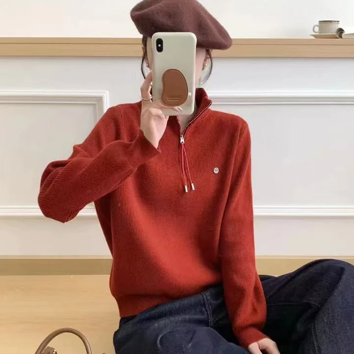 娟儿家2024秋冬款套头半拉链纯色减龄百搭打底毛衣针织衫