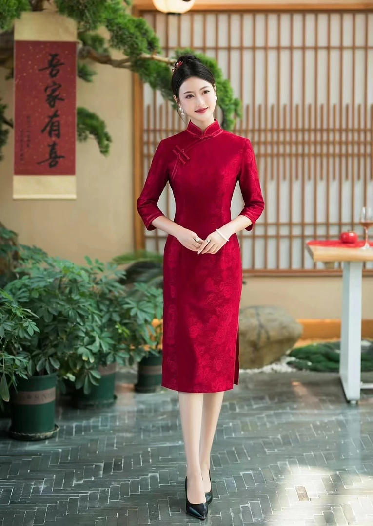 [富贵牡丹]高档婚宴喜婆婆春秋季七分袖大码气质显瘦中长款旗袍裙
