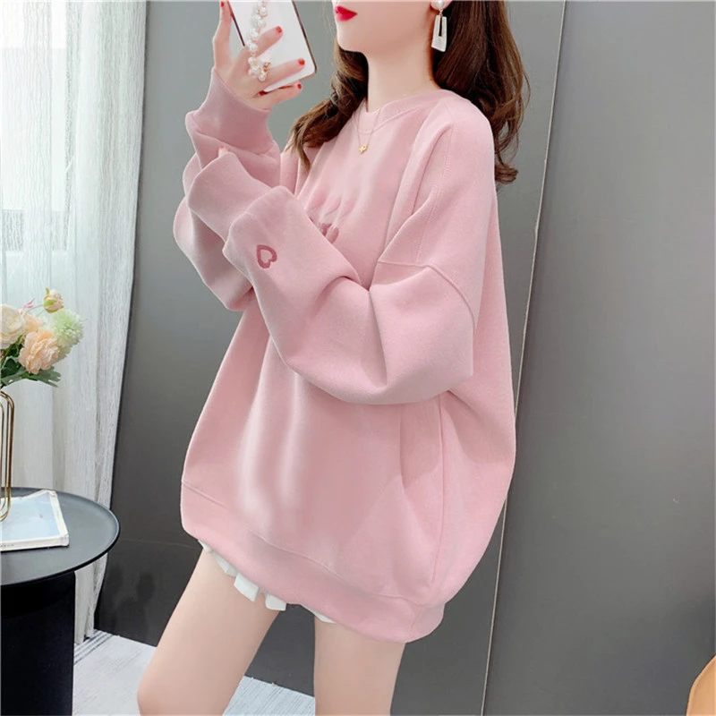 圆领刺绣爱心卫衣女加绒2025年新款秋冬韩版宽松慵懒风小个子上衣