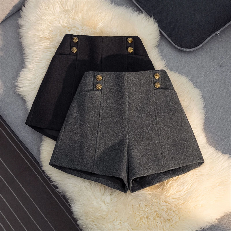 外穿毛呢短裤女小个子2025年秋冬灰色高腰靴裤百搭休闲显瘦阔腿裤