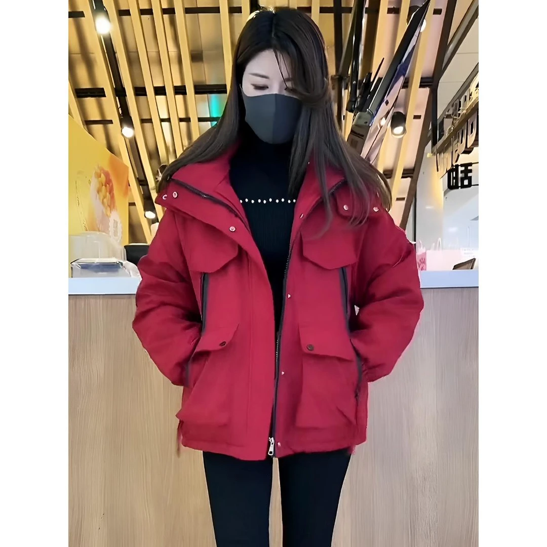 韩版纯色加绒连帽冲锋衣女2025冬季新款宽松工装棉服短款加厚外套