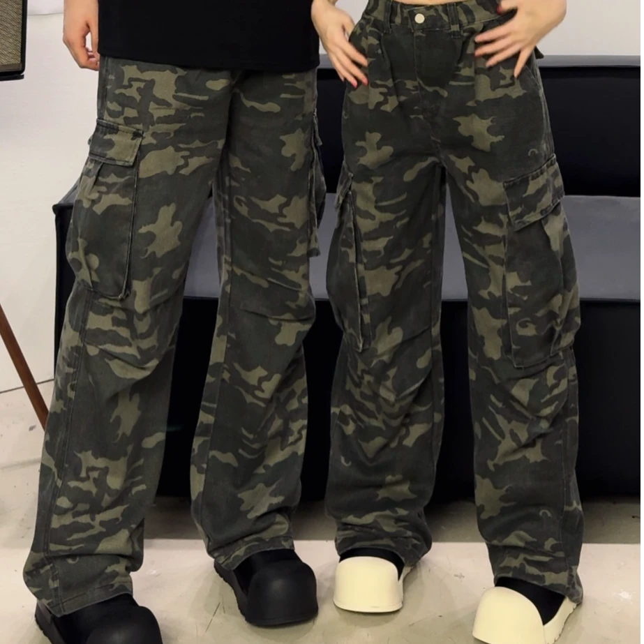 「TtAU」显高复古美式工装直筒显瘦宽松百搭情侣迷彩裤