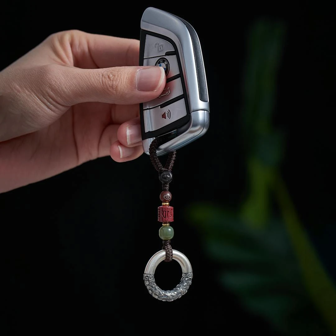 足银银制品 回纹祥云平安扣钥匙挂件高档创意实心足银钥匙扣挂饰