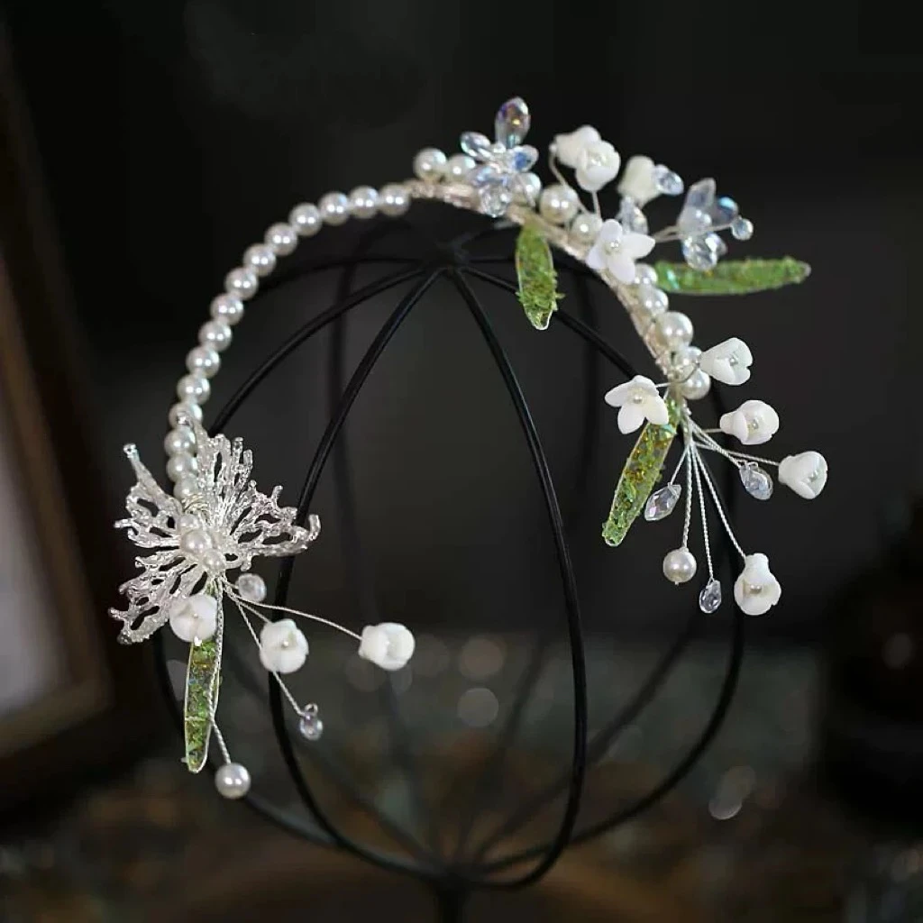 原创减龄绿叶铃兰花朵甜美珍珠水晶发箍新娘头饰盘发造型婚纱配饰