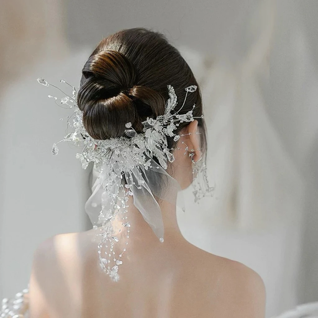 新娘头饰森系仙气减龄蕾丝边夹高级唯美花朵流苏发夹结婚发饰品