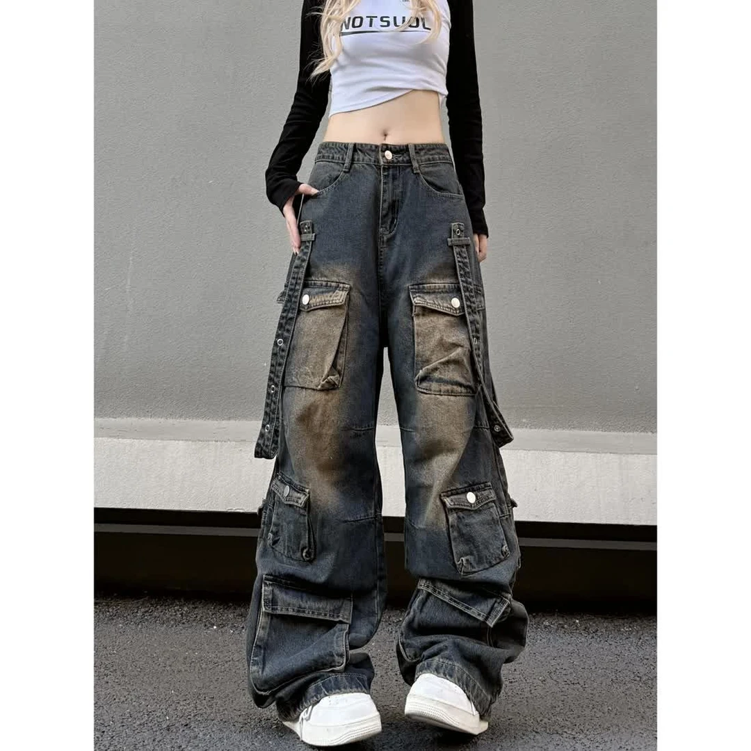 美式复古高街多口袋工装牛仔裤男女oversize嘻哈垂坠感裤子ins