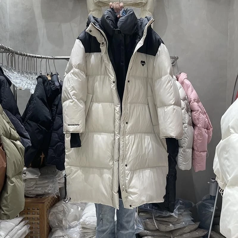 热销羽绒服女长款韩版加厚过膝大被子连帽拼色白鸭绒保暖外套2023