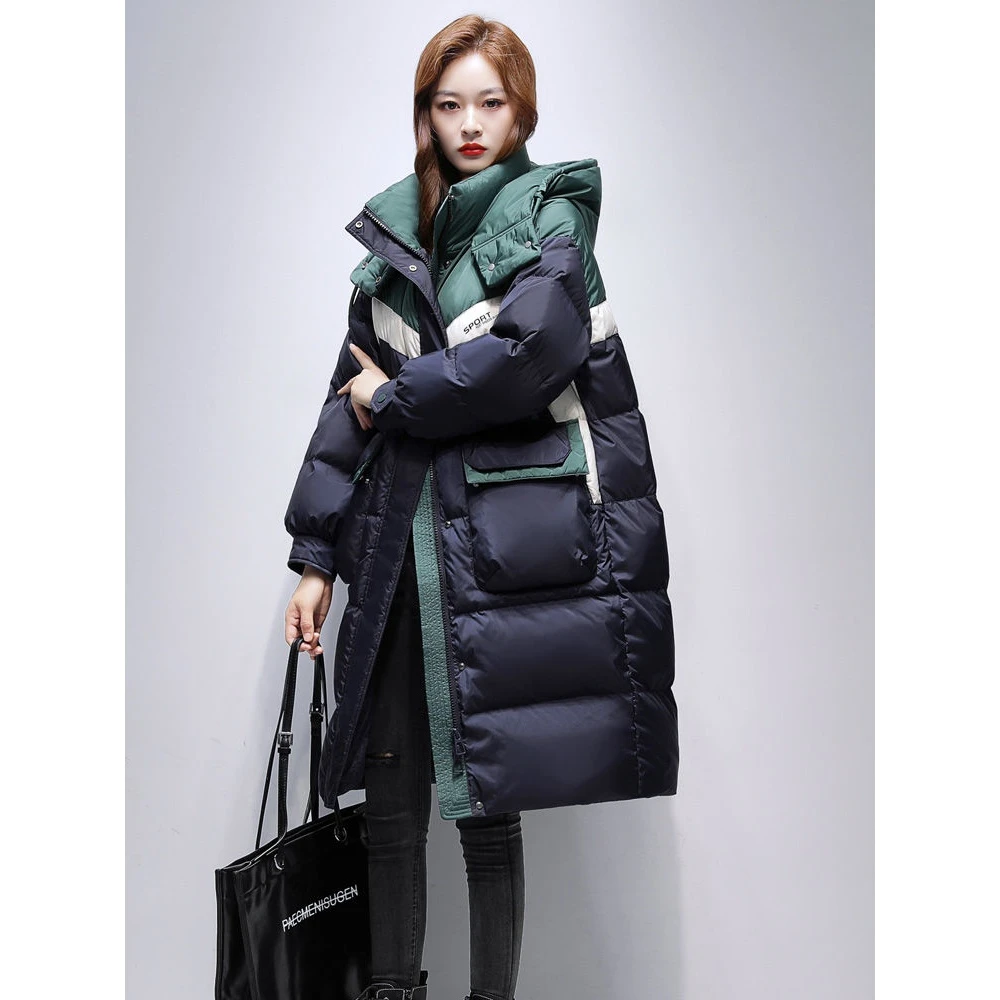 热销时尚连帽外套羽绒服90白鸭绒女长款加厚2023冬季新款过膝撞色
