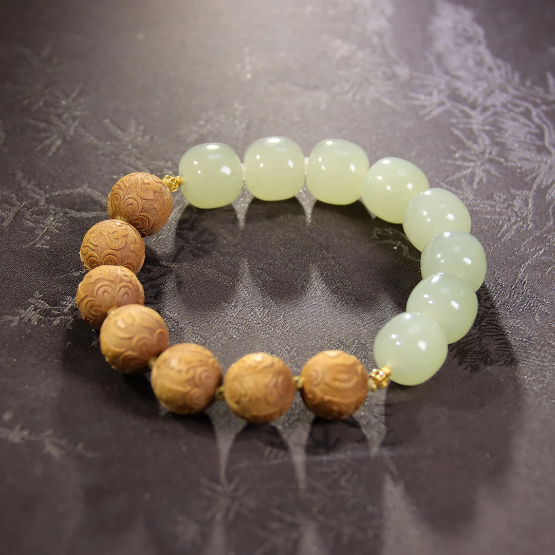 宫象<岚风>檀香木晴水和田玉卡11-12mm手串+18K金