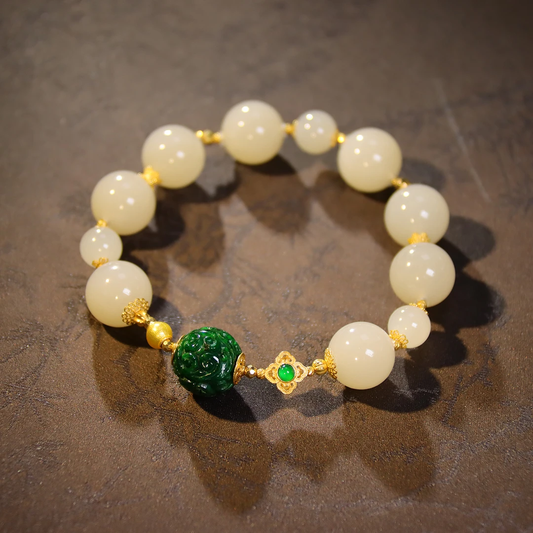 <莲趣>浓藕粉卡11-12mm和田玉手串+18K金