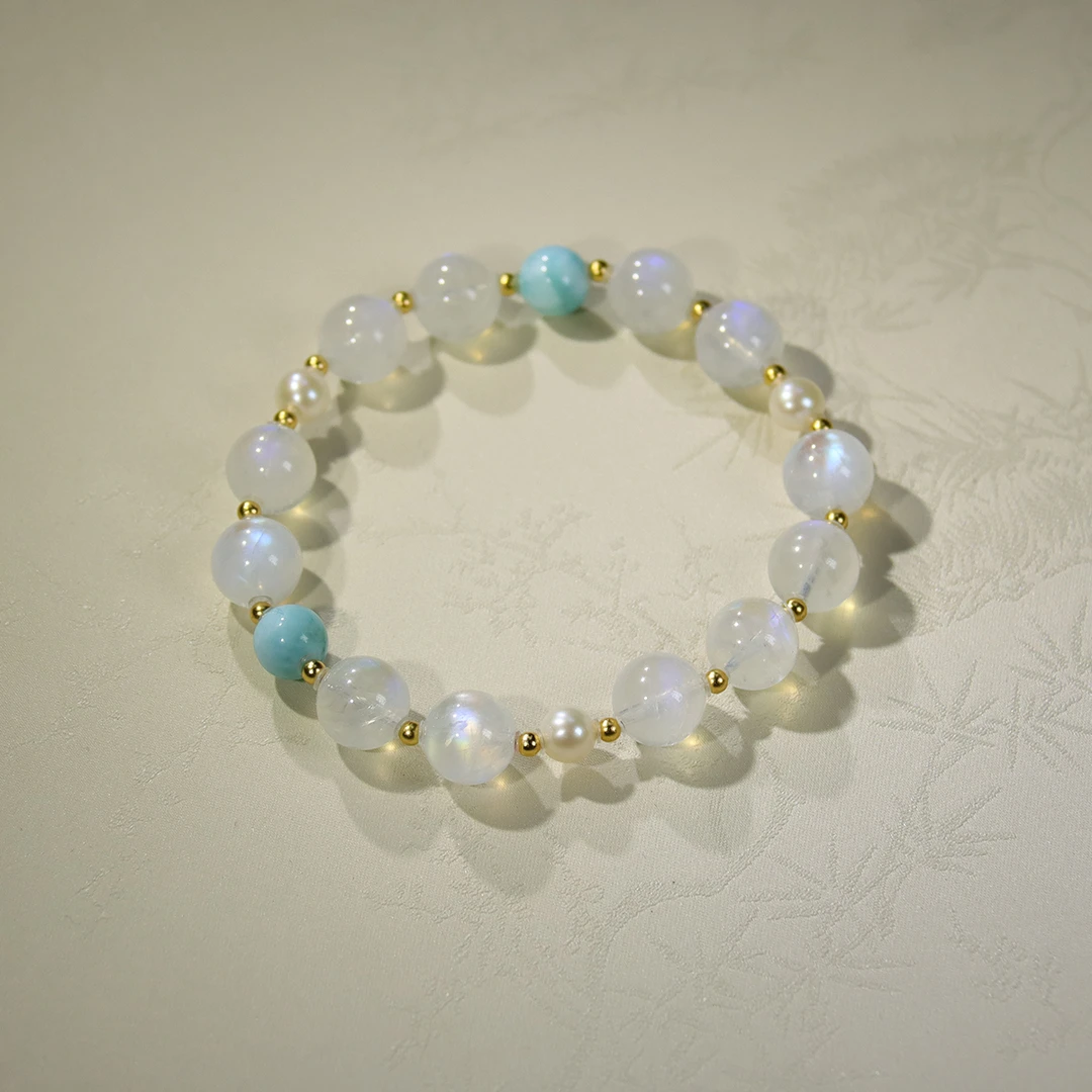 宫象<如梦令月光石>透体高亮蓝光白月卡9-10mm长石手串+S925银