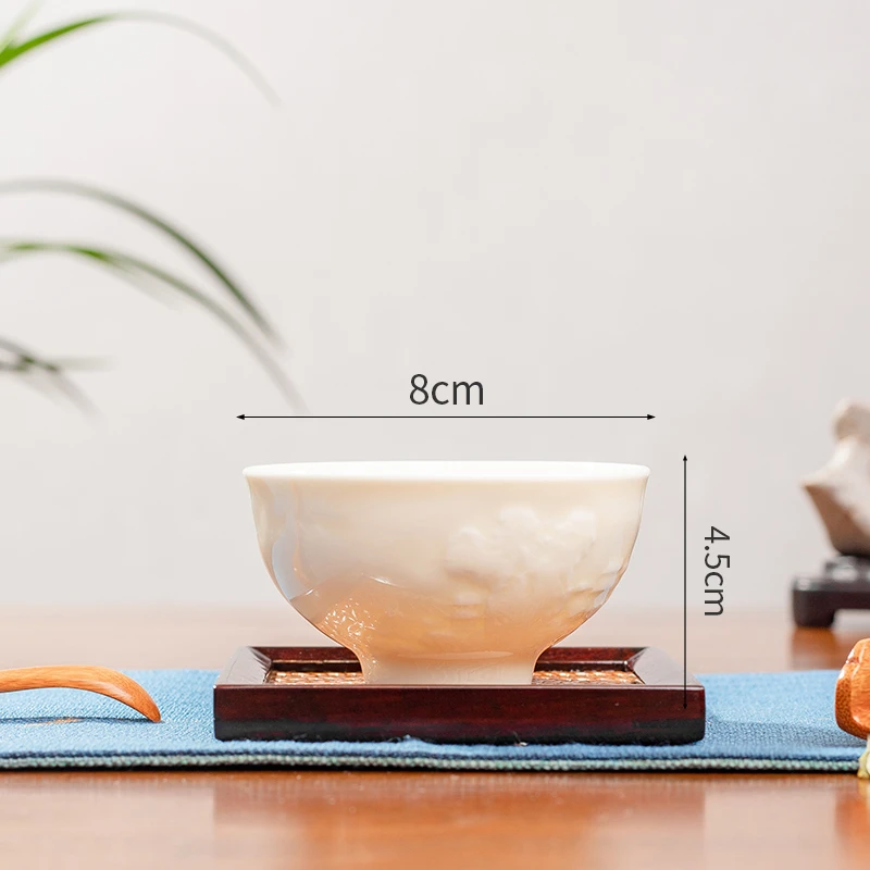 定窑定瓷富甲天下小号山水主人杯印花浮雕白瓷茶杯