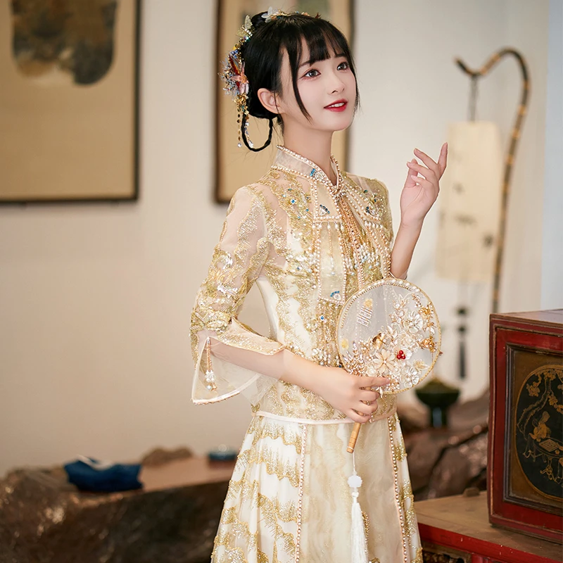 金色秀禾服新娘2023新款高级中式结婚出阁服香槟色秀和服夏季薄款