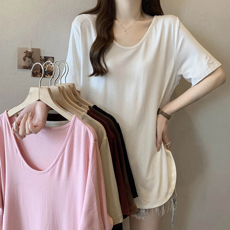 2025夏装新款胖mm大码女面膜T中长款遮肉宽松显瘦短袖T恤19100