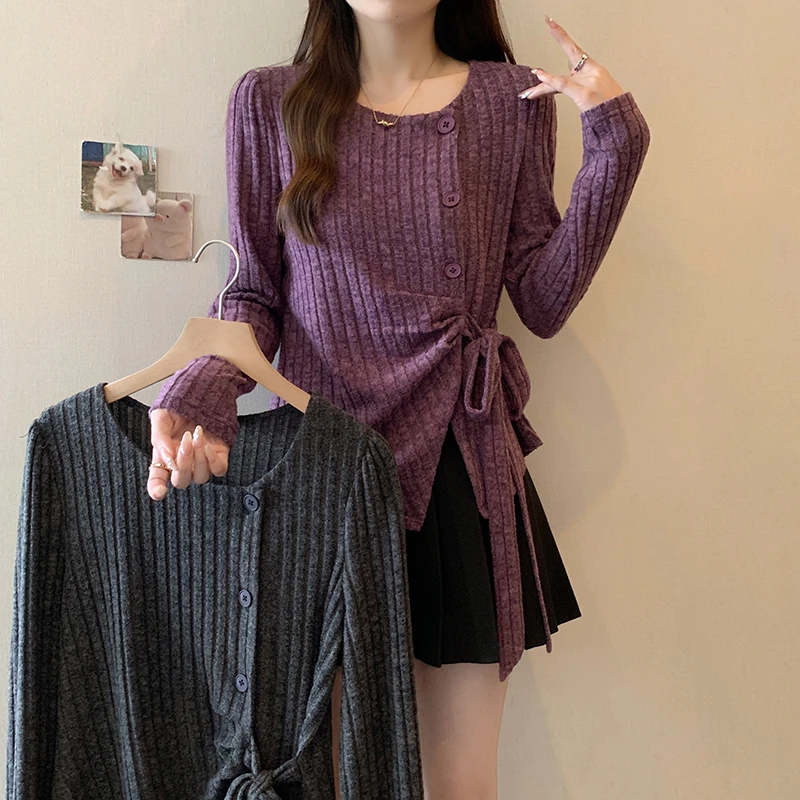 秋冬新款胖mm大码女不对称绑带显瘦内搭针织上衣打底衫A0997