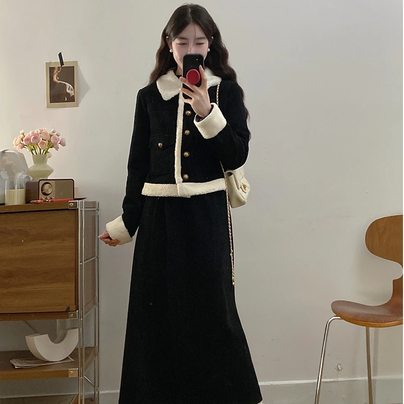 冬装新款胖mm大码保暖加棉短款外套上衣半身裙两件套套装21071