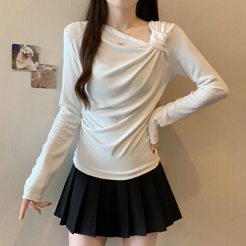 秋冬新款胖mm大码女甜美小心机修身不规则内搭长袖上衣20428