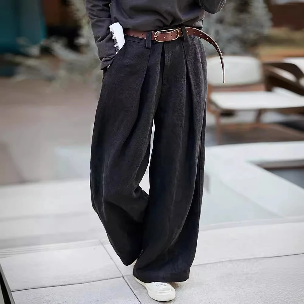 文艺休闲春季复古高腰原创女装哑黑色粗支百搭半松紧腰宽松阔腿裤