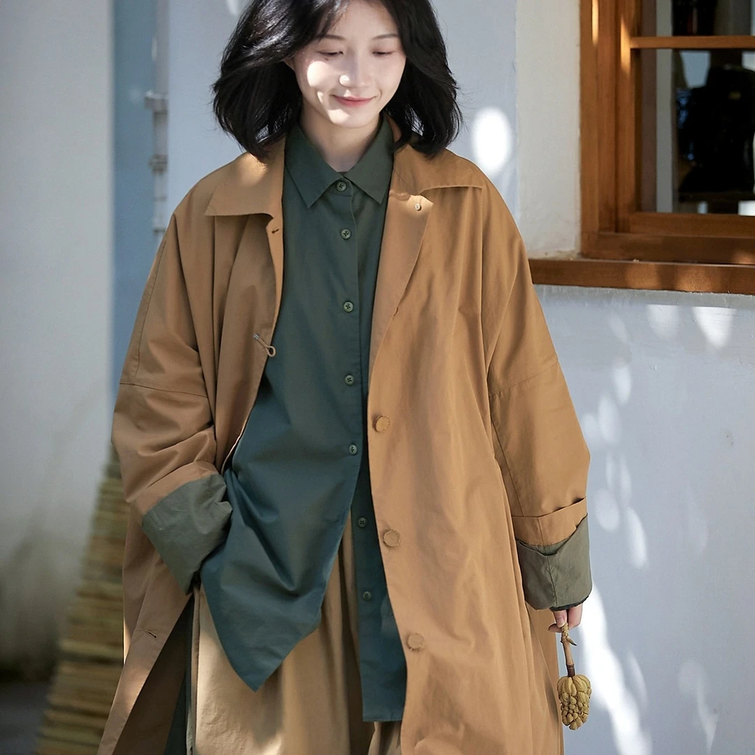 原创春秋复古休闲棉麻女装长款长绒棉气质宽松开襟风衣洋气外套女
