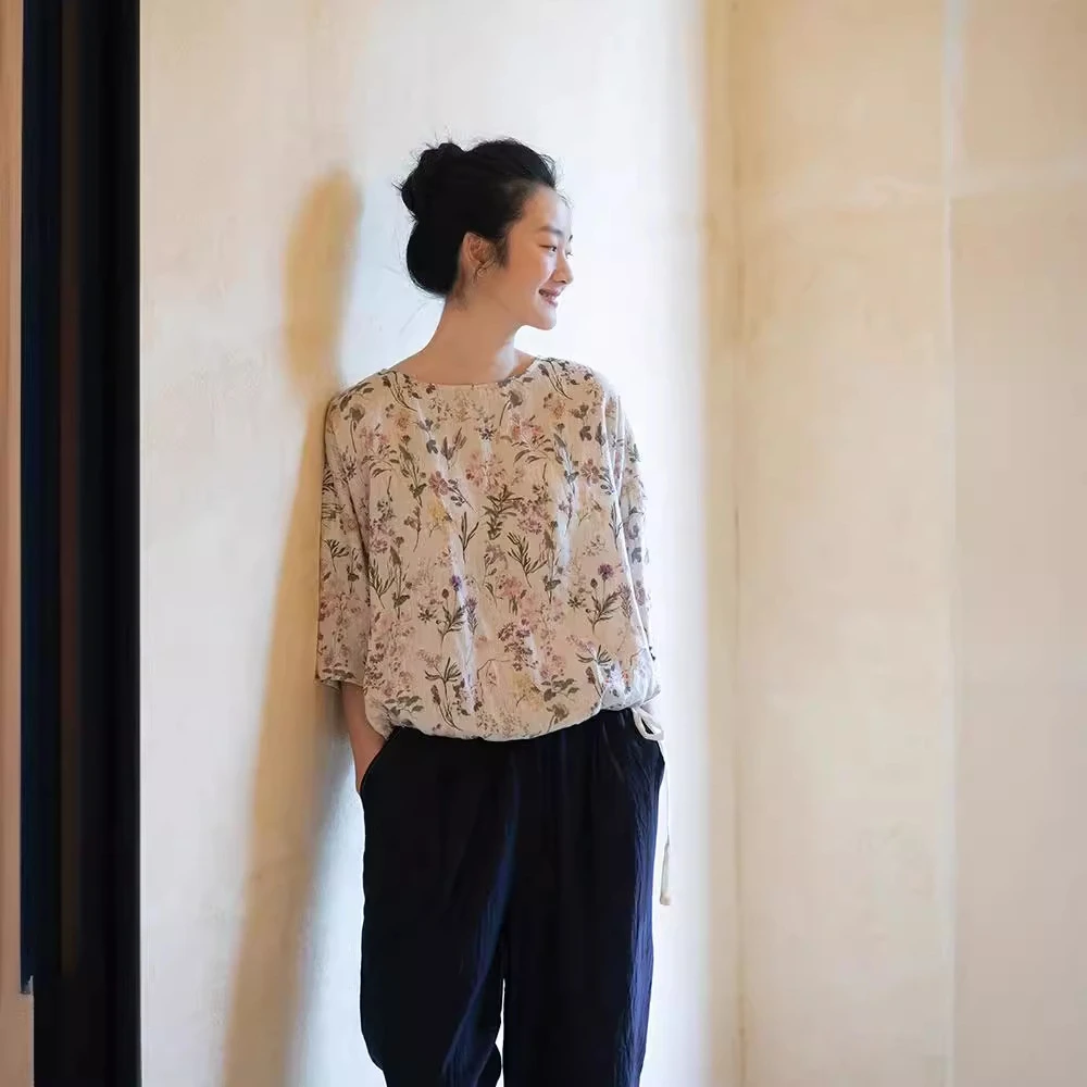 夏季文艺复古原创印花亚麻衬衫女新款轻薄文艺设计感宽松百搭上衣