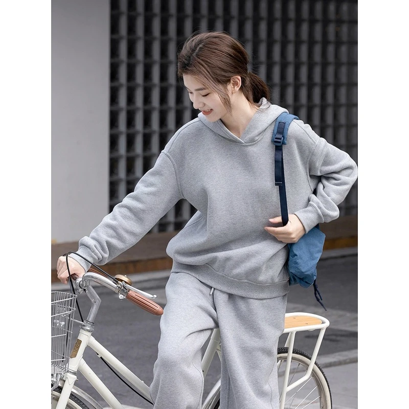 春夏新品 文艺轻复古运动休闲纯棉灰色抓绒厚实针织连帽卫衣女