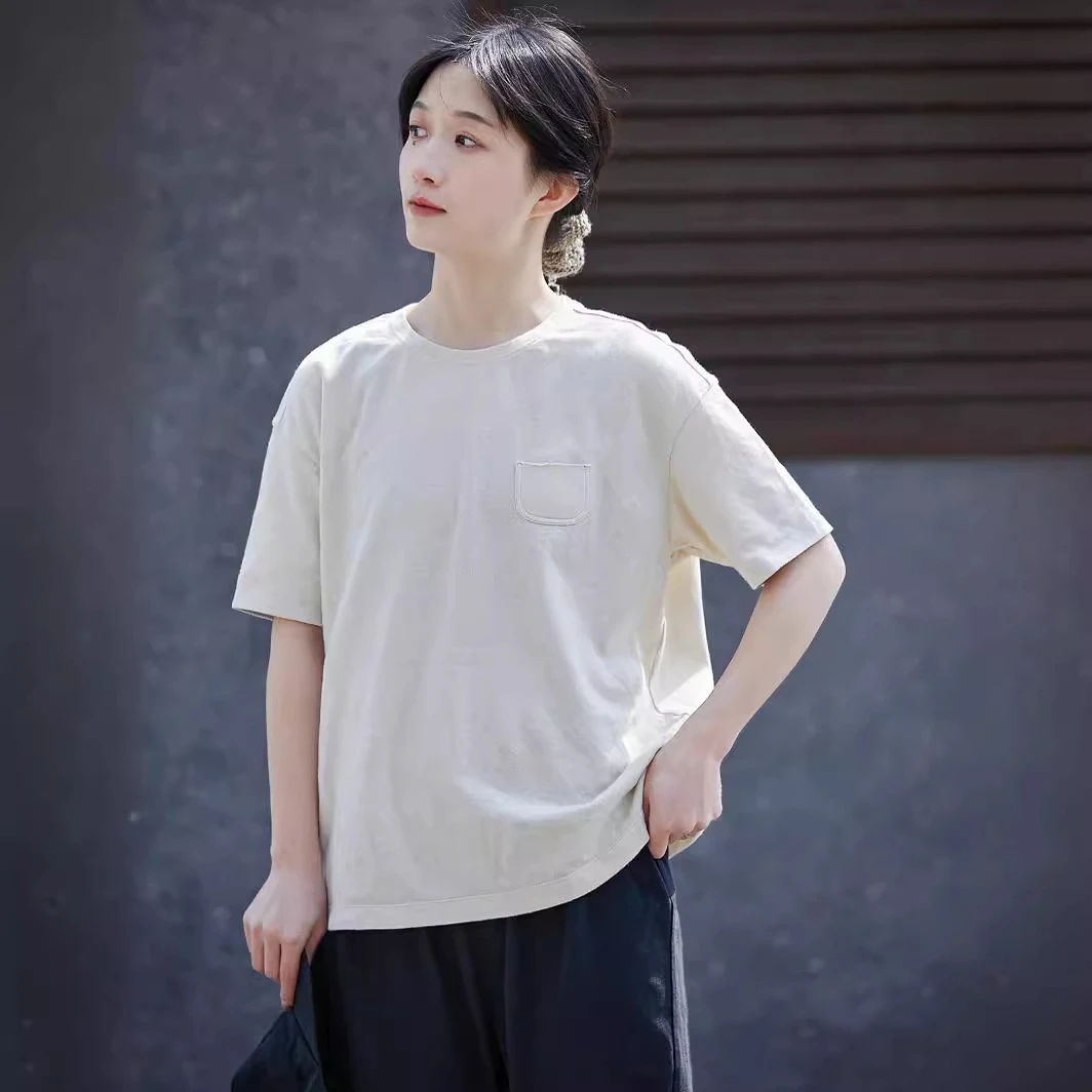 文艺休闲夏季复古原创女装棉麻简约休闲乳白休闲百搭柔软短袖T恤