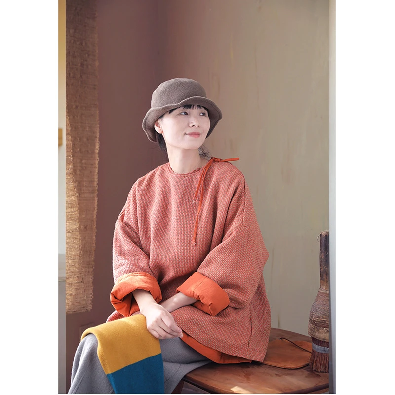 冬款新 文艺复古中式编织色织亚麻圆领夹棉宽松保暖棉衣棉服