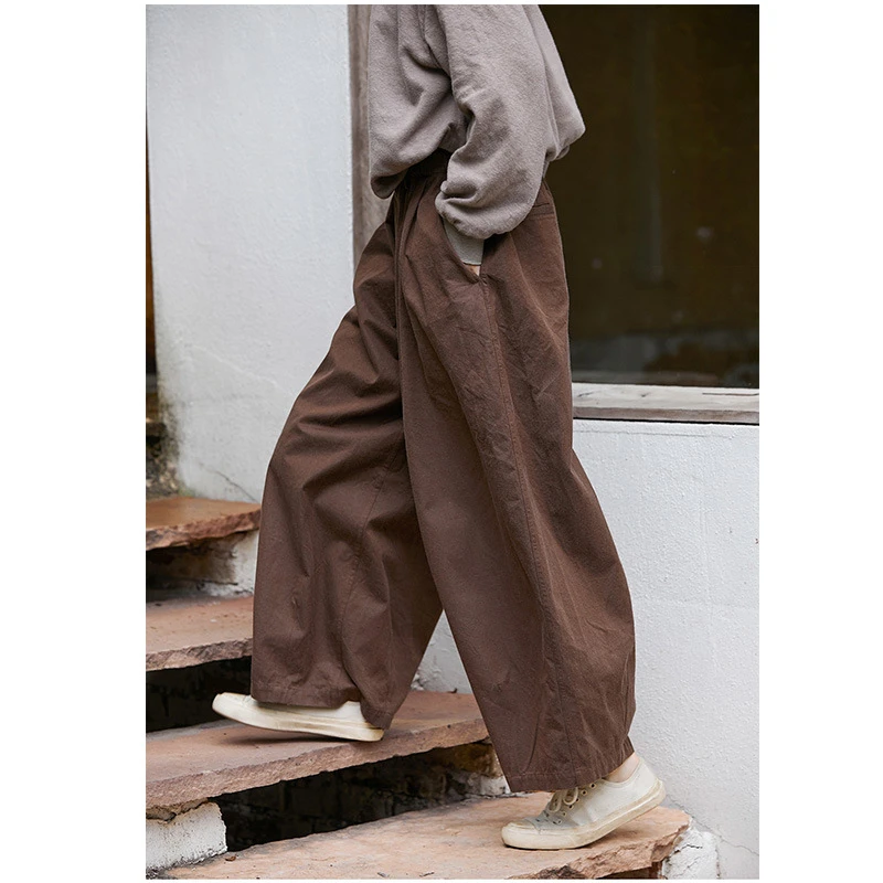 秋季新品文艺复古原创女装栗子褐精致松紧腰宽松休闲大码女萝卜裤