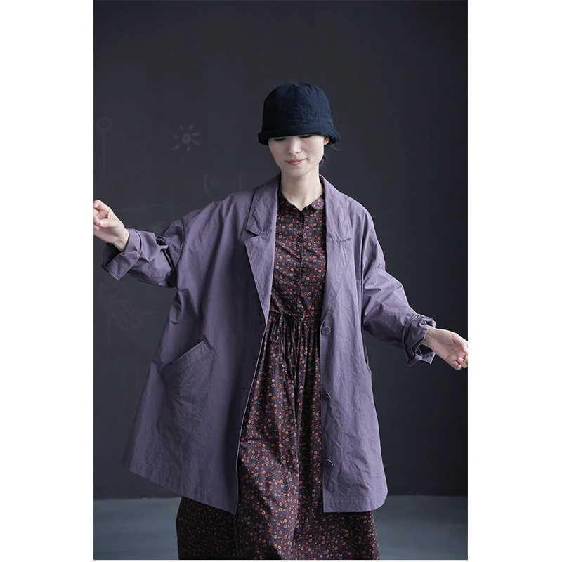 春季新品 文艺轻复古高密帆布棉质纯色西装领中款宽松外套风衣女