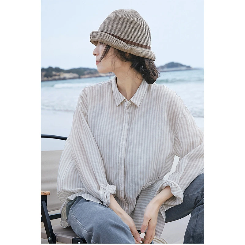 春夏新品文艺轻复古宽松休闲百搭条纹柔软防晒色织苎麻大衬衫女