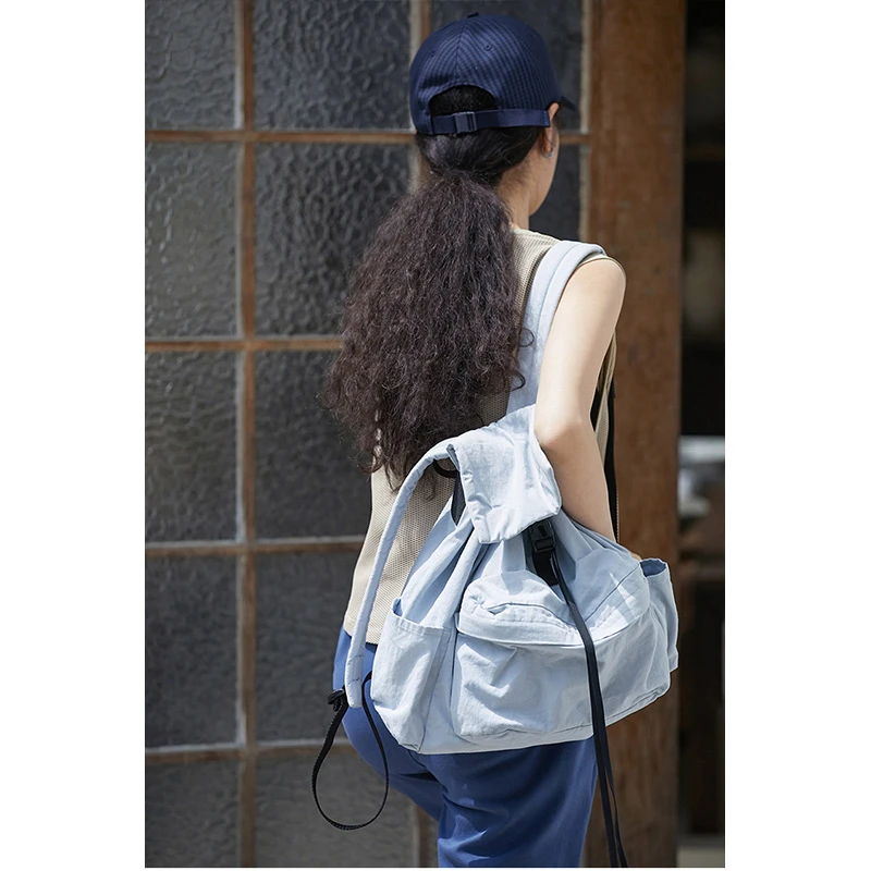 春夏新品 文艺日韩都市休闲浅蓝色棉质双肩包大号休闲背包女ins