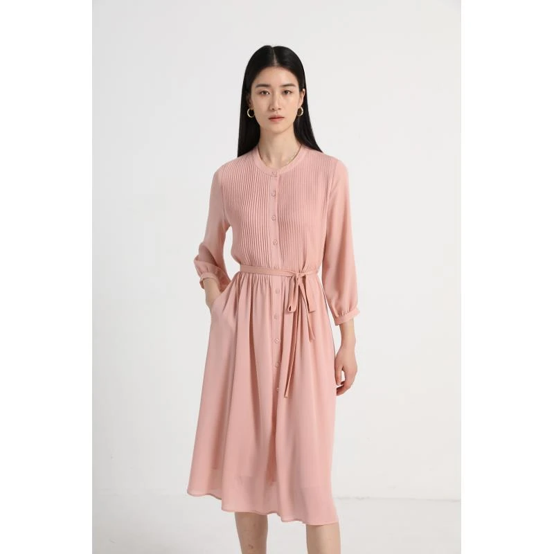 【重磅真丝】100%桑蚕丝23姆米鬼绉＋双绉打条纯色七分袖连衣裙8673L