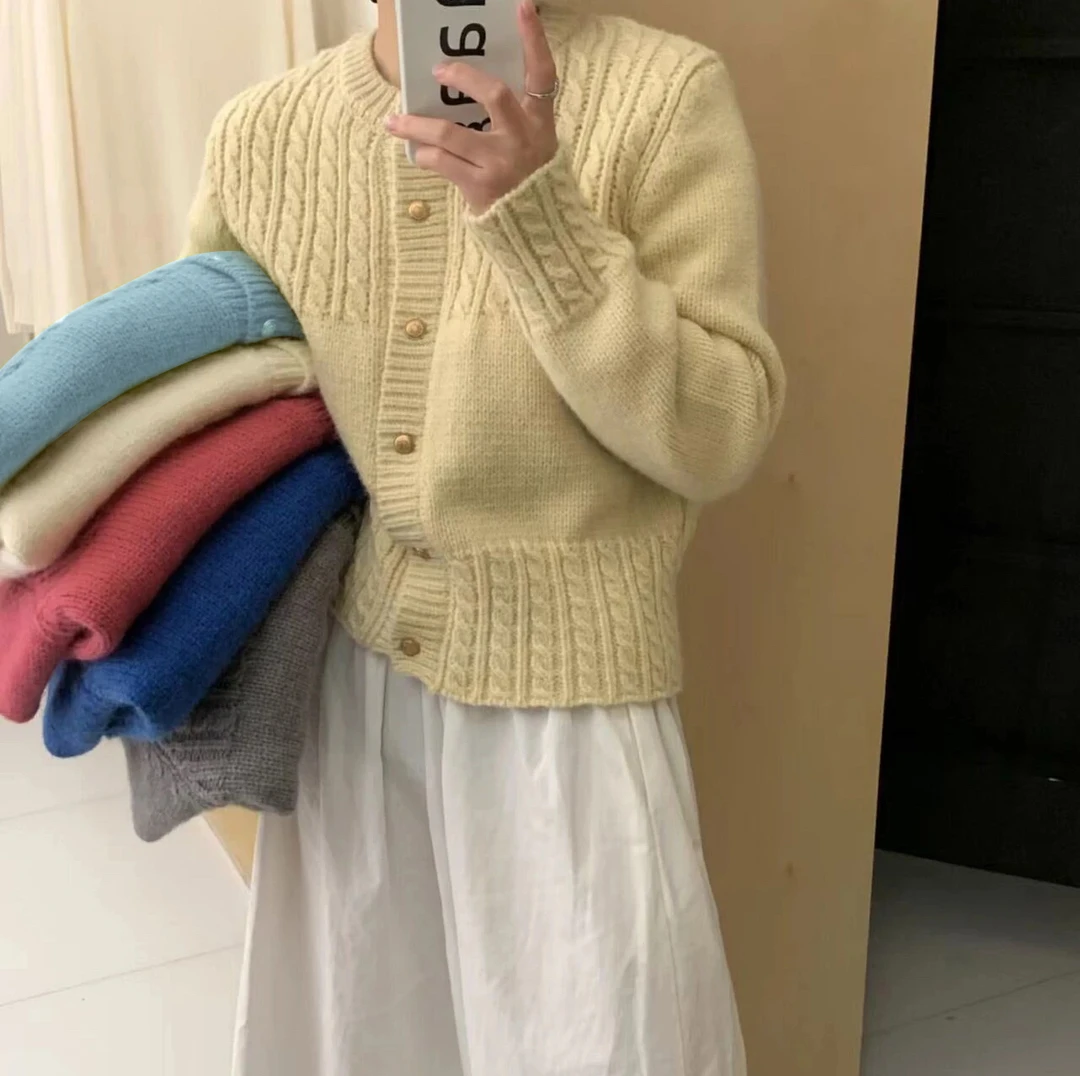 小麻花毛衣外套女秋冬 网红时尚百搭圆领针织上衣