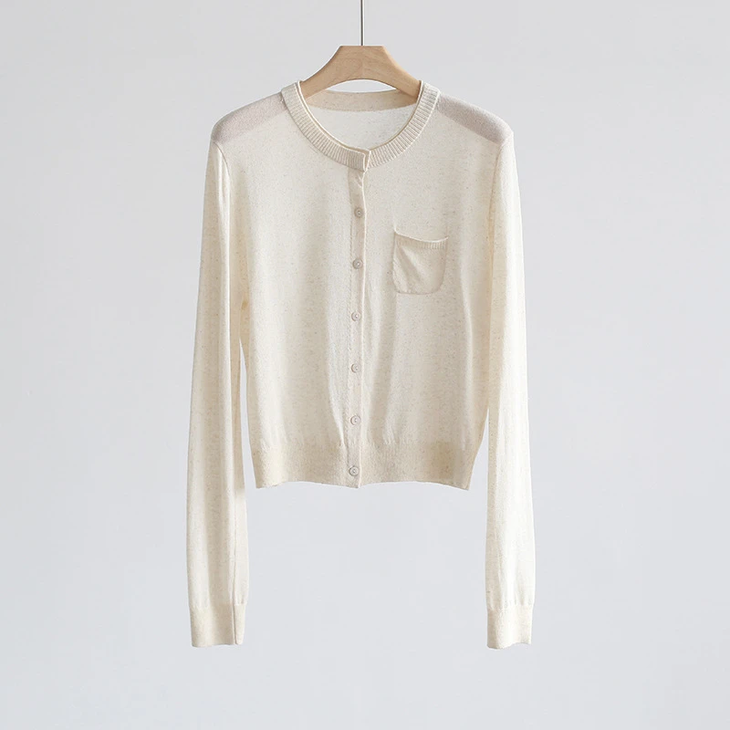 【依格歌优选现货】亚麻薄款针织衫圆领口袋短款小披肩防晒空调衫