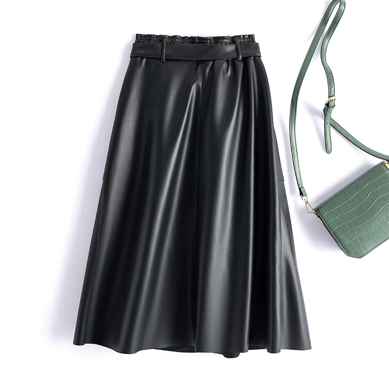 2024海宁皮衣秋季新款皮裙子中高腰半身裙大摆裙裙时尚中长款裙子